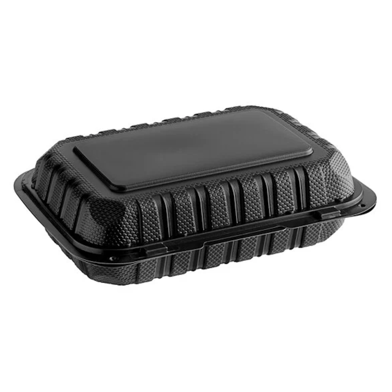 7 1/2" x 3 1/2" 1-Compartment Microwaveable Black Mineral-Filled Plastic Hinged Take-Out Hot Dog Container - 300/Case