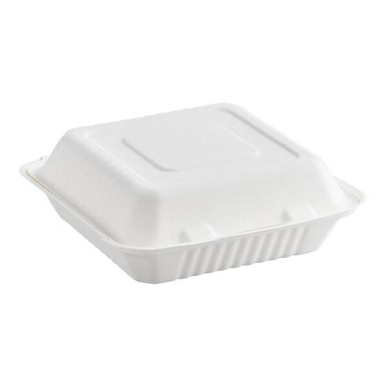 9" x 9" x 3" Compostable No PFAS Added Bagasse 1 Compartment Take-Out Box - 200/Case