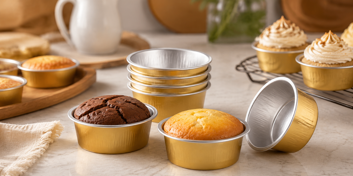 Aluminum baking cups with muffins and cupcakes