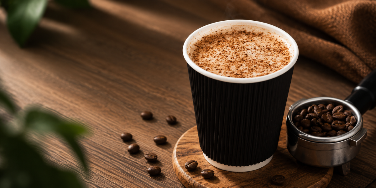 Black ribbed paper coffee cup with cappuccino and coffee beans on a wooden table