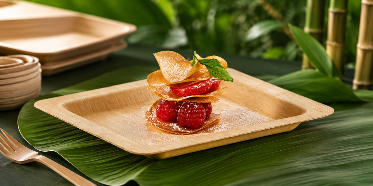 Bamboo disposable plate with fresh fruit dessert, showcasing an eco-friendly and elegant table setting.