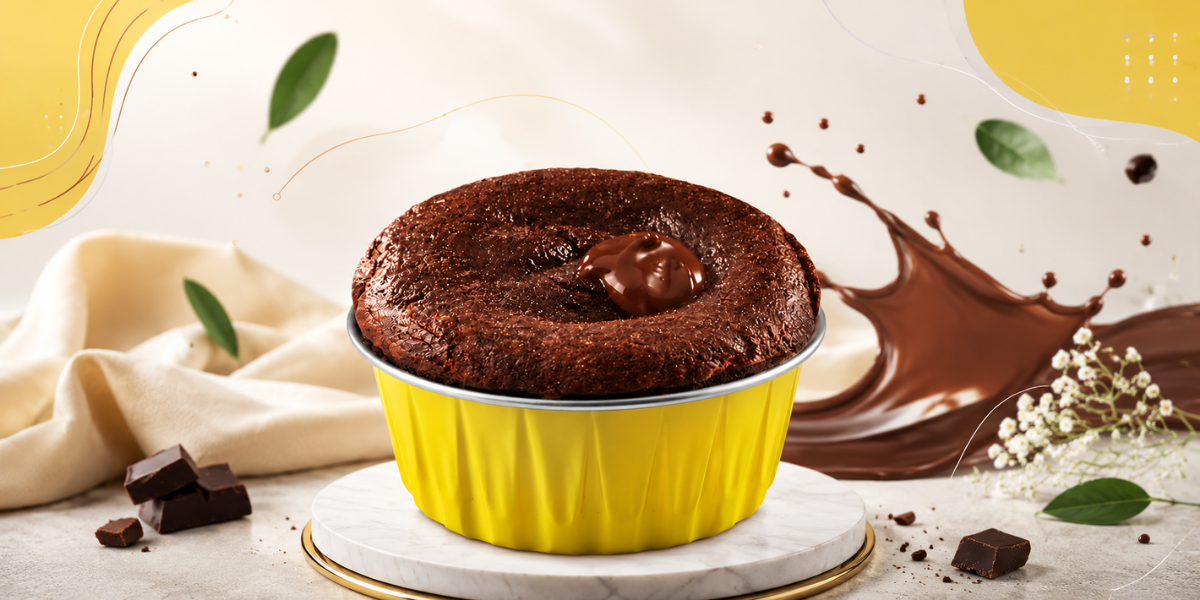 Chocolate cake baked in a bright yellow aluminum baking cup on a marble stand with chocolate pieces and decorative elements.