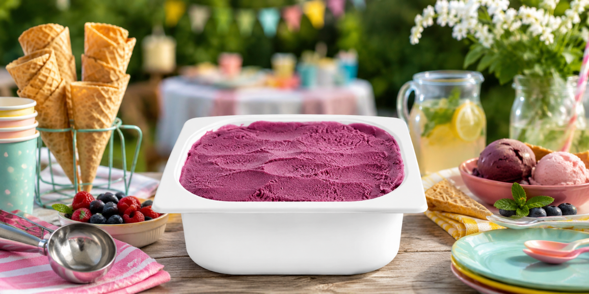 Bright summer outdoor party with a tub of berry ice cream, waffle cones, fresh berries, and colorful tableware.