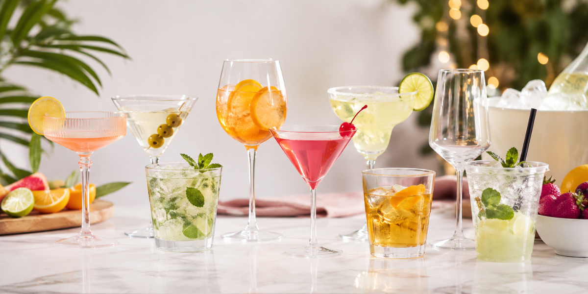 Colorful plastic cocktail glasses filled with assorted drinks, fruit garnishes, and ice arranged on a table for a party.