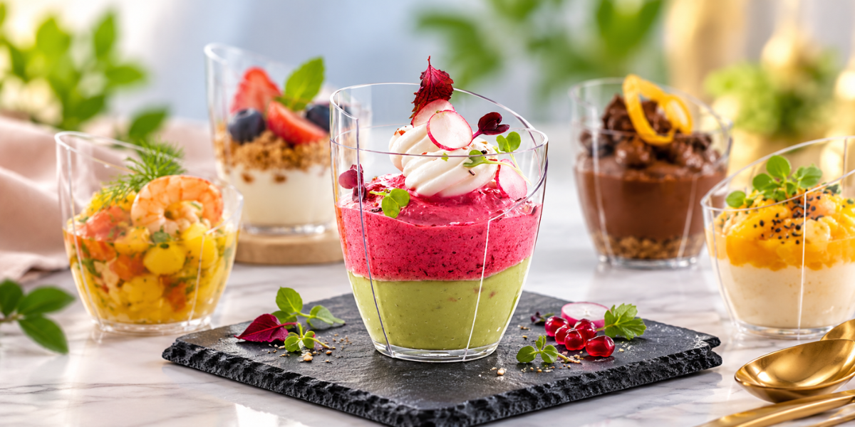 Colorful mini plastic bowls filled with desserts and appetizers, arranged on a table for elegant food presentation.