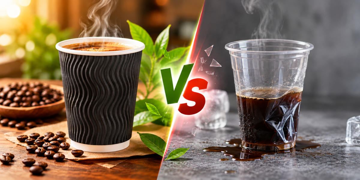 Paper coffee cup vs plastic cup comparison showing a hot steaming paper cup beside a cold plastic coffee cup.