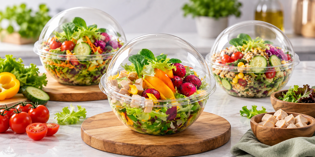 Clear plastic salad containers with dome lids filled with fresh colorful salads, displayed on a wooden board in a bright kitchen setting.