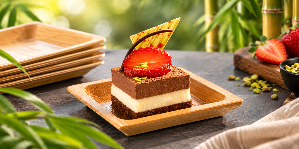 Chocolate layered dessert with a fresh strawberry served on a bamboo disposable plate, with stacked bamboo plates in the background.