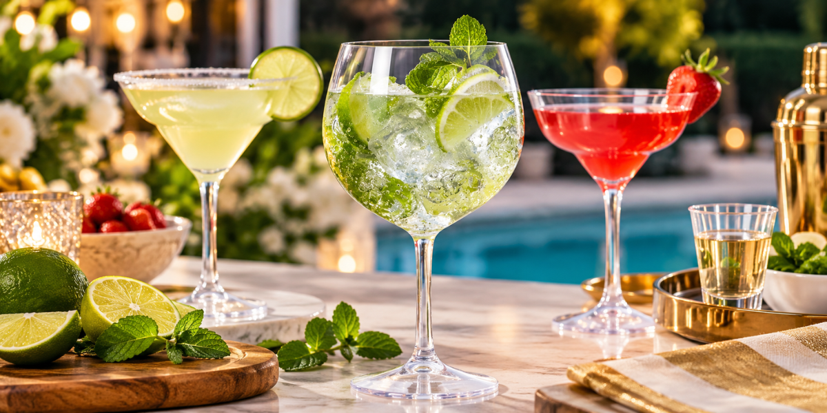 Clear plastic cocktail glasses with lime and mint drinks at an elegant outdoor party setup.