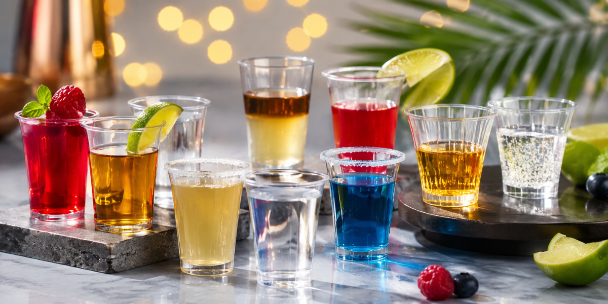 Disposable shot glasses with colorful drinks for parties and events