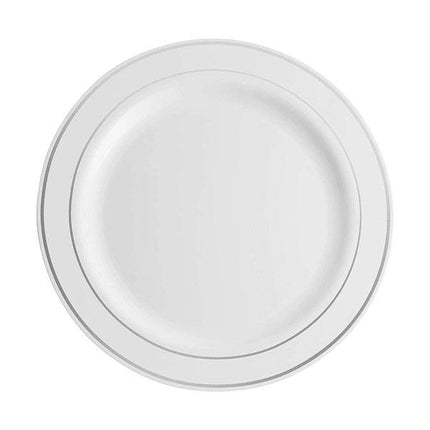 7.5 in. White Plastic Plate with Silver Rim - 150/Case