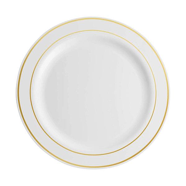 7.5 in. White Plastic Plate with Gold Rim - 150/Case