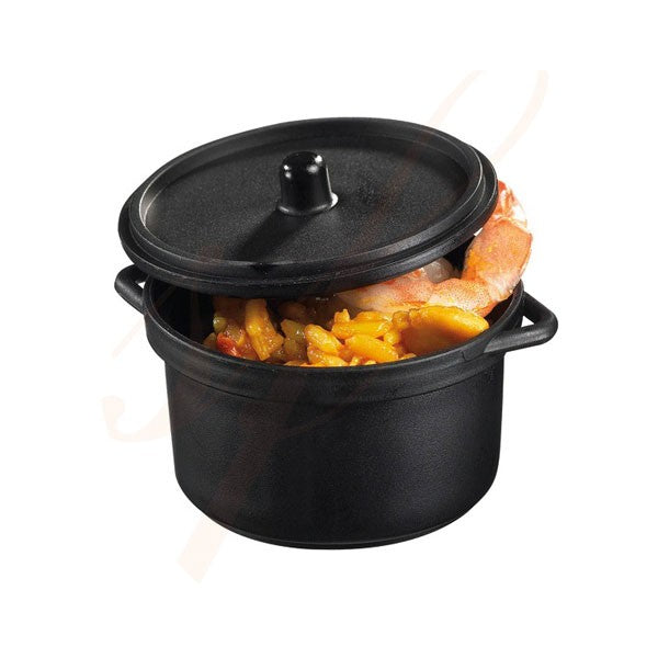 3 oz. Black Mini Plastic Cooking Pot with Lid - 30/Case