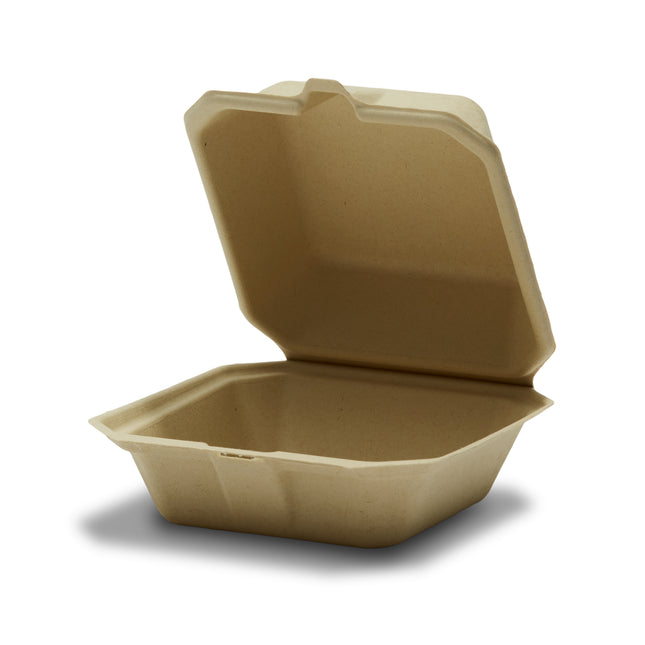 6" x 6" x 3" Compostable Fiber Clamshell Container - 50/Case