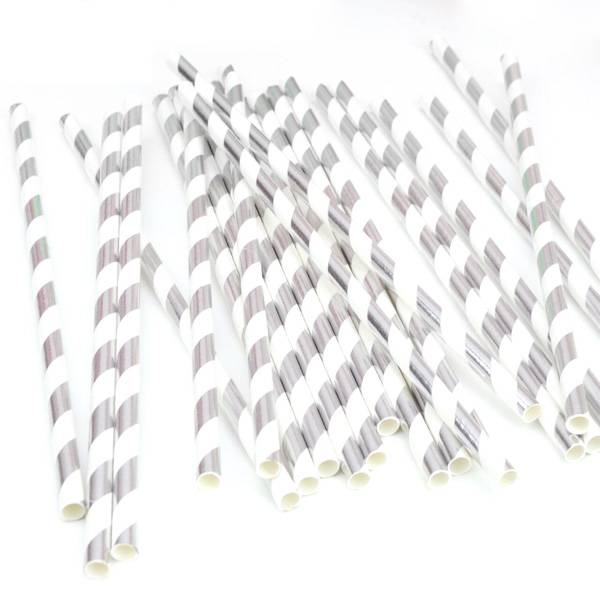 Eco Friendly Paper Straws 7.7 in. Silver Striped Foil - 100/Bag
