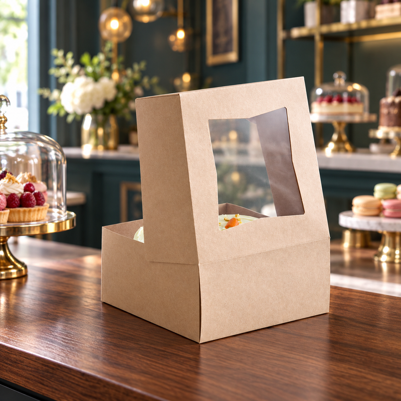 8" x 8" x 4" Kraft Customizable Window Cake / Bakery Box - 150/Case